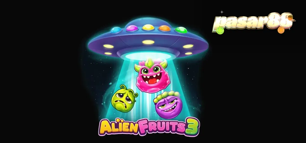 Tampilan visual grid 8x8 pada slot Alien Fruits 3 dengan tema neon dan buah-buahan futuristik.
